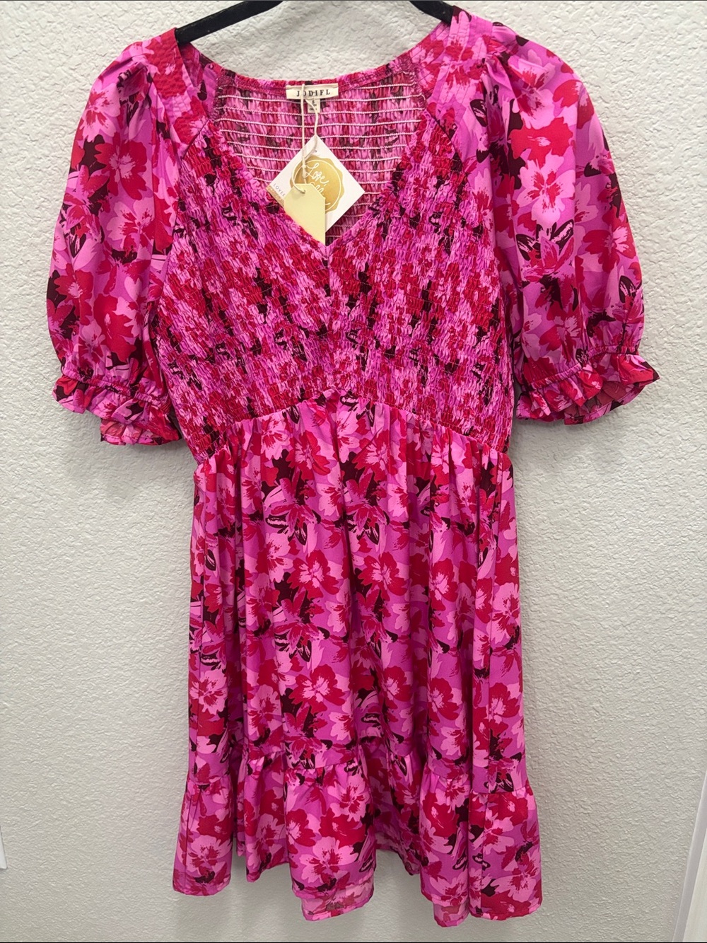 JODIFL Hot Pink & Magenta Floral Smocked Puff Sleeve Dress